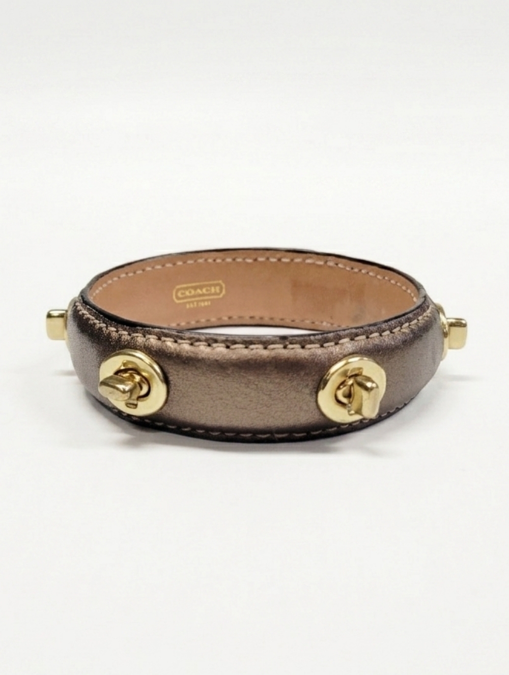 Coach Vintage Y2k Brass Turnlock Metallic Bronze Pewter Leather Bangle Bracelet